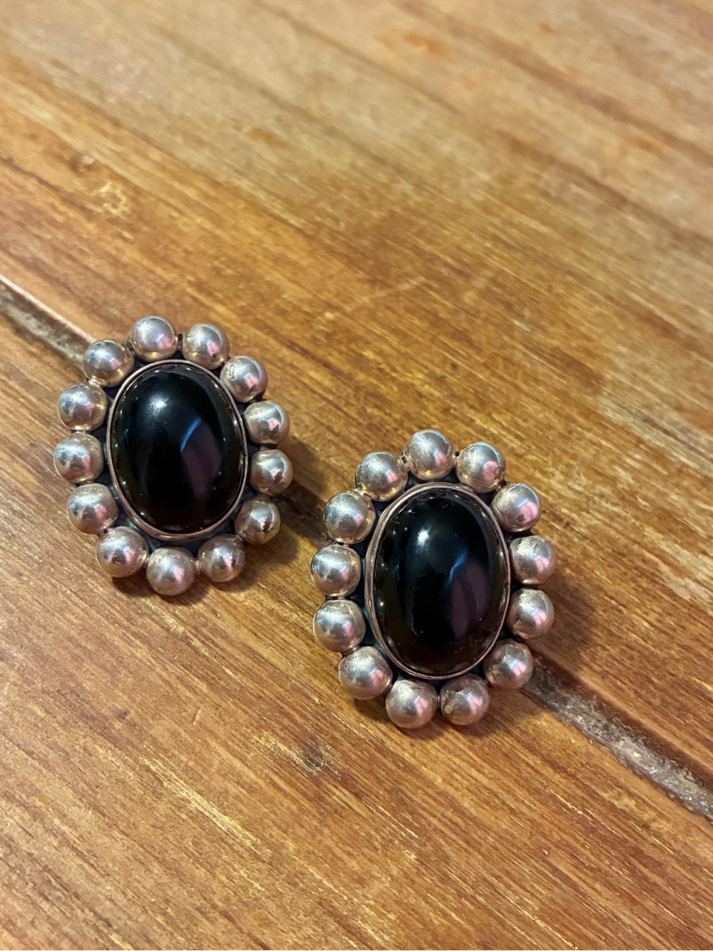 Sterling Taxco Black Onyx Oval Earrings with Silver Bead Halo